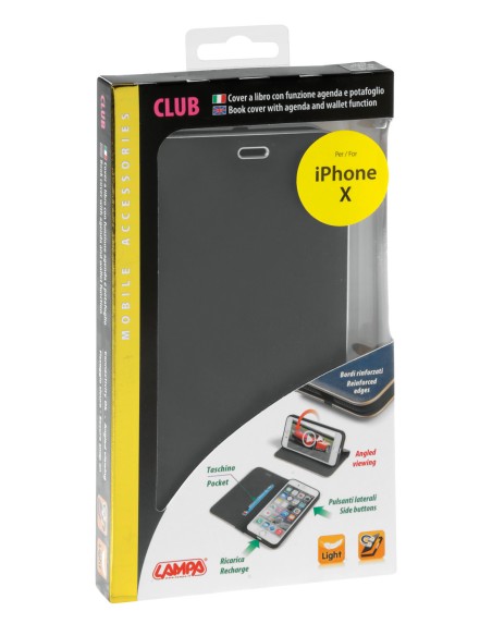Club, cover a libro in Skeentex - Apple iPhone X - Nero/Argento