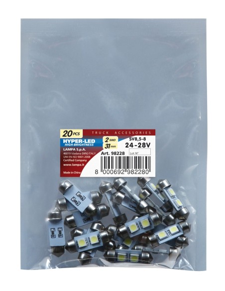 24/28V Led Series - 2 SMD x 3 chips - 10x31 mm - SV8,5-8 - 20 pz  - Busta - Bianco - Doppia polarità