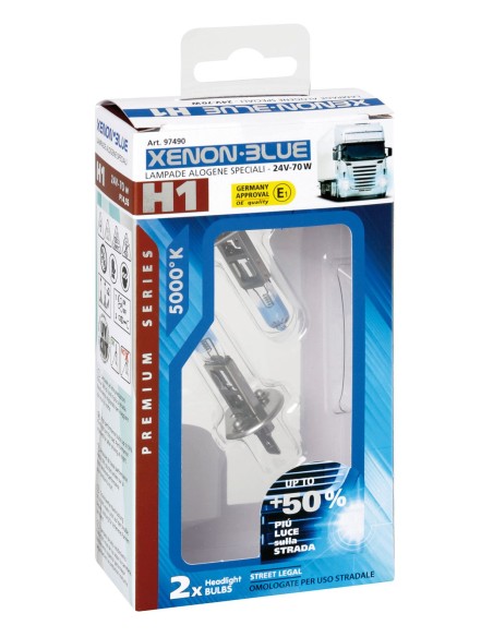24V Lampada alogena Xenon Blue +50% luce - H1 - 70W - P14,5s - 2 pz  - Scatola