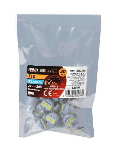 24/28V Hyper-Led 6 - 2 SMD x 3 chips - (T10) - W2,1x9,5d - 20 pz  - Scatola - Bianco - Doppia polarità