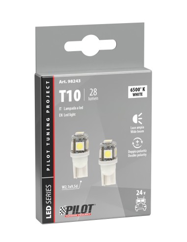 24/28V Hyper-Led 15 - 5 SMD x 3 chips - (T10) - W2,1x9,5d - 2 pz  - Scatola - Bianco - Doppia polarità