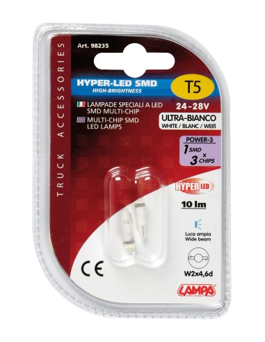 24V Hyper-Led 3 - 1 SMD x 3 chips - (T5) - W2x4,6d - 2 pz  - D/Blister - Bianco