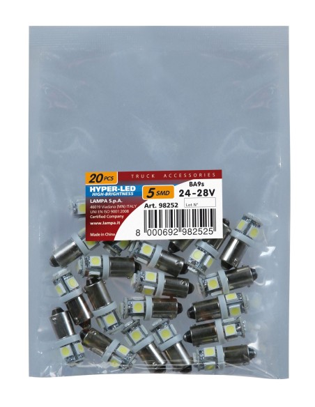 24V Led Series - 5 SMD x 3 chips - (T4W) - BA9s - 20 pz  - Busta - Bianco - Doppia polarità